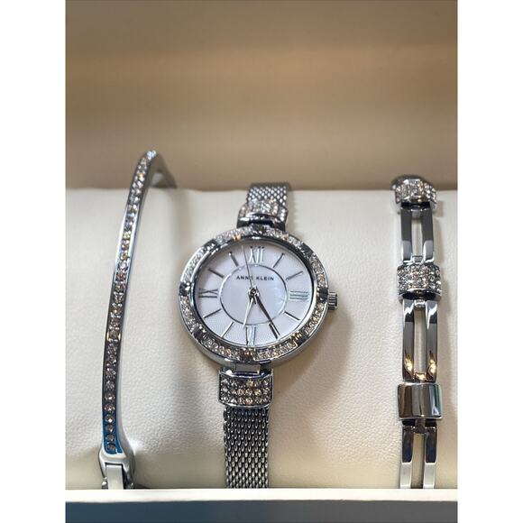 NEW ANNE KLEIN 3 PC SET SILVER WATCH+2 BANGLES New Battery! Womens Gift Set! main image 6